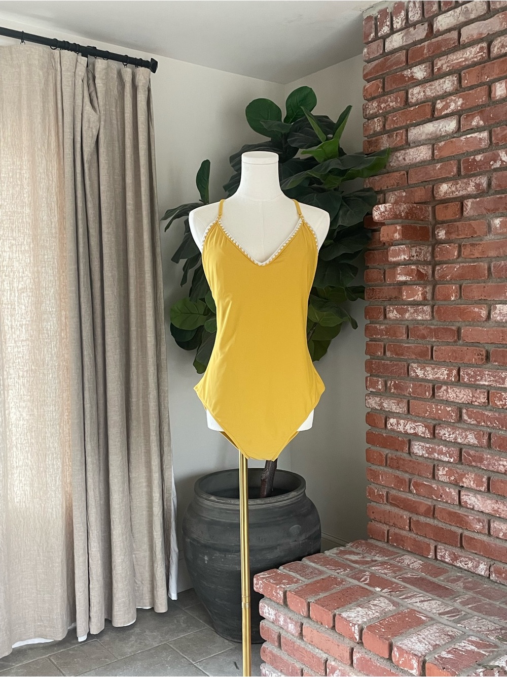 Shade & Shore Yellow V-Neck Bodysuit with Delicate Trim
